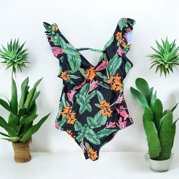 Jessica Simpson Floral Ruffle One-Piece Swimsuit Large - Picture 1 of 6